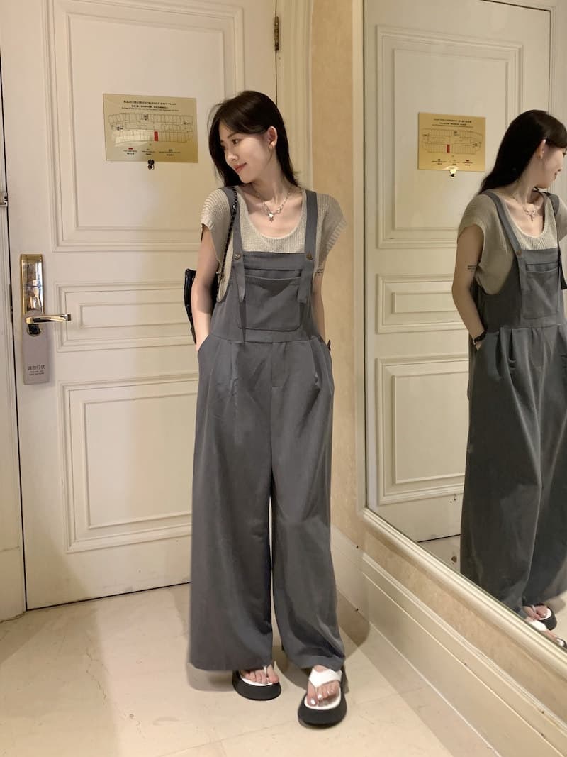 韓国風サロペット ワイドパンツ カジュアル着回し抜群