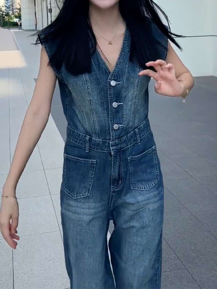 レトロ風デニムサロペット オーバーオール