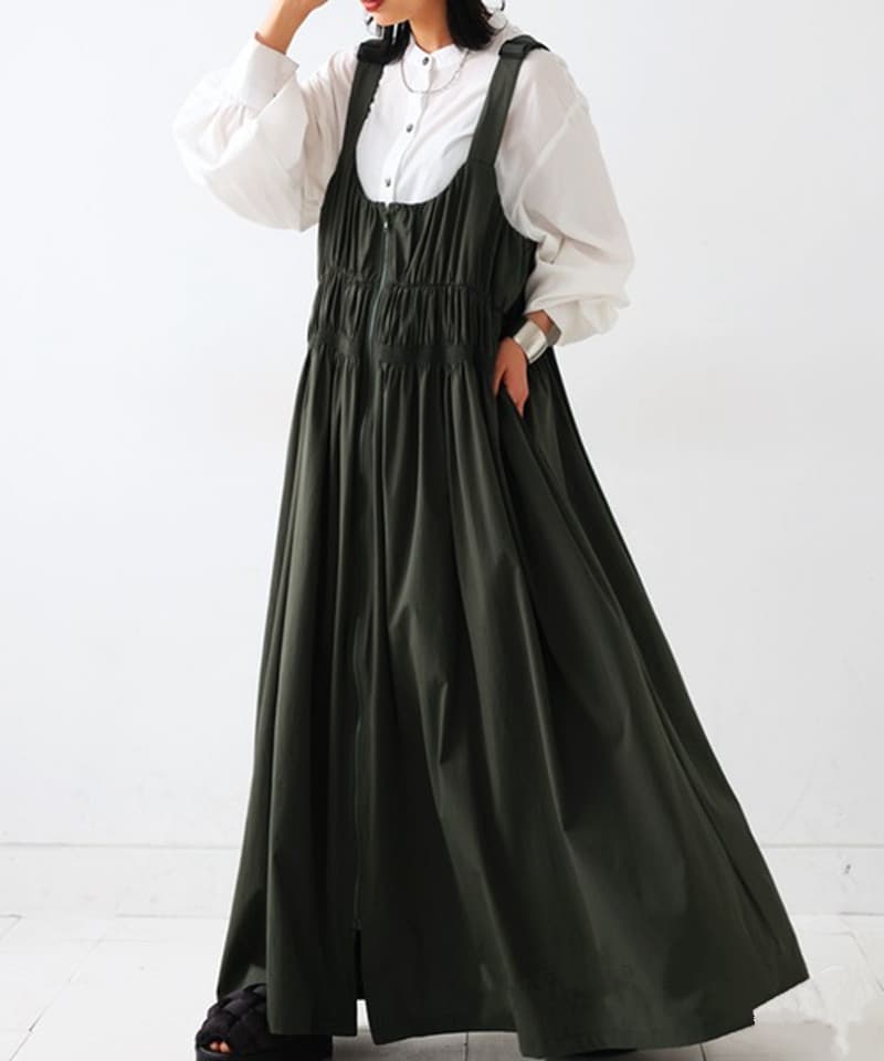 ギャザーサロペットロングワンピース