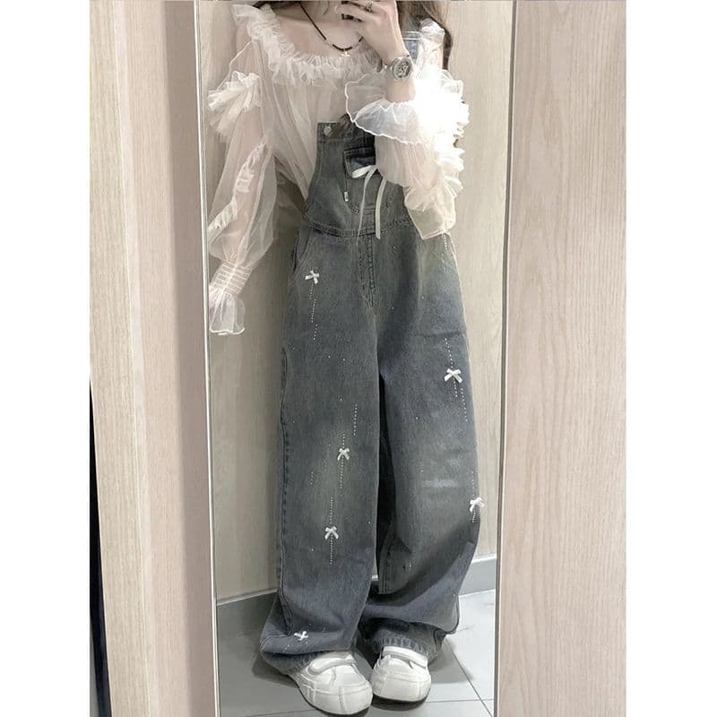 リボン刺繍デニムサロペット