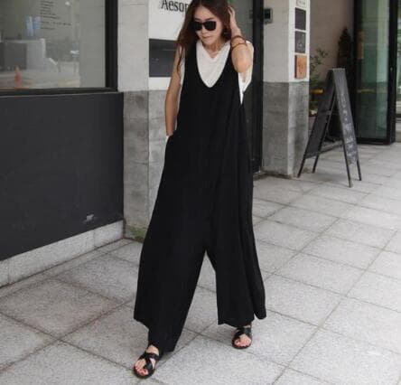 夏新作 黒サロペット ロング丈 吊りズボン レディース