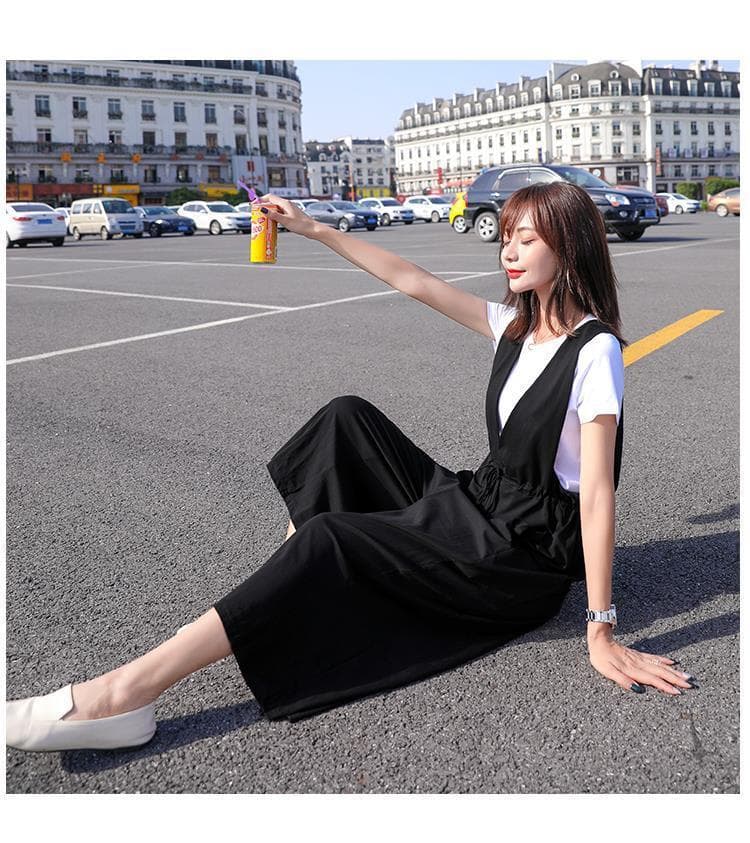 レディース サロペット セット 黒 ワイドパンツ 半袖 二点セット