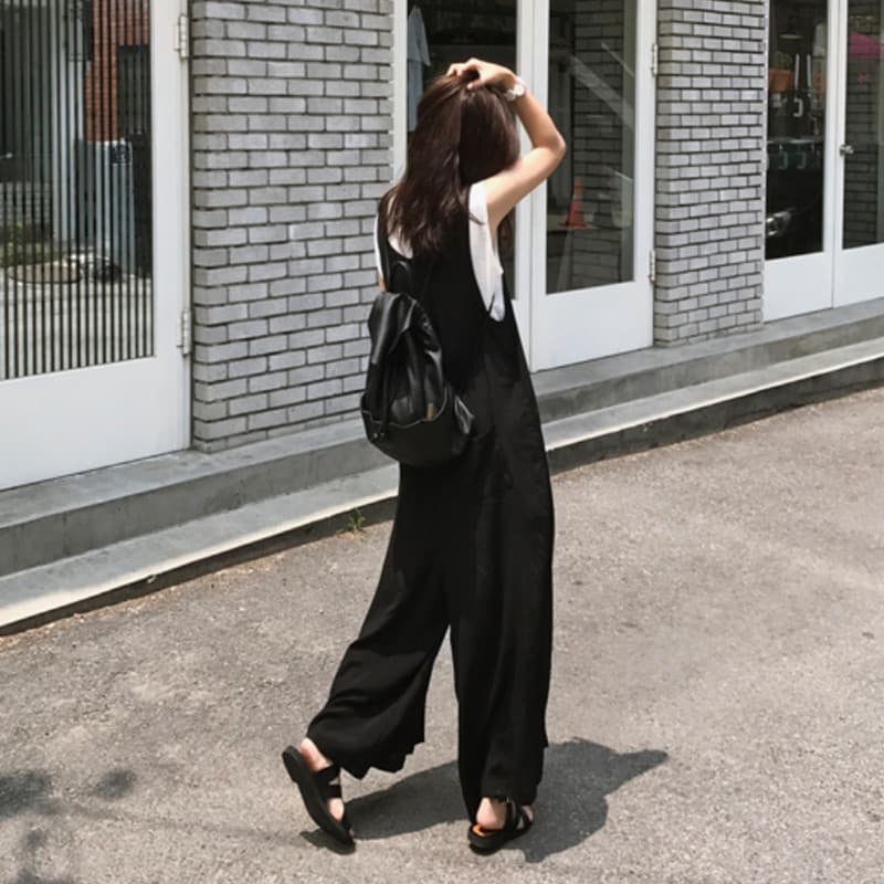 夏新作 黒サロペット ロング丈 吊りズボン レディース