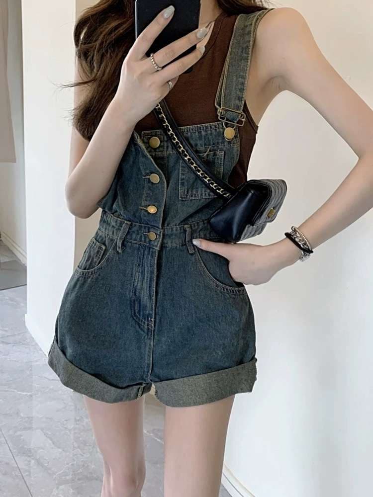 デニムショートサロペット レトロスタイル