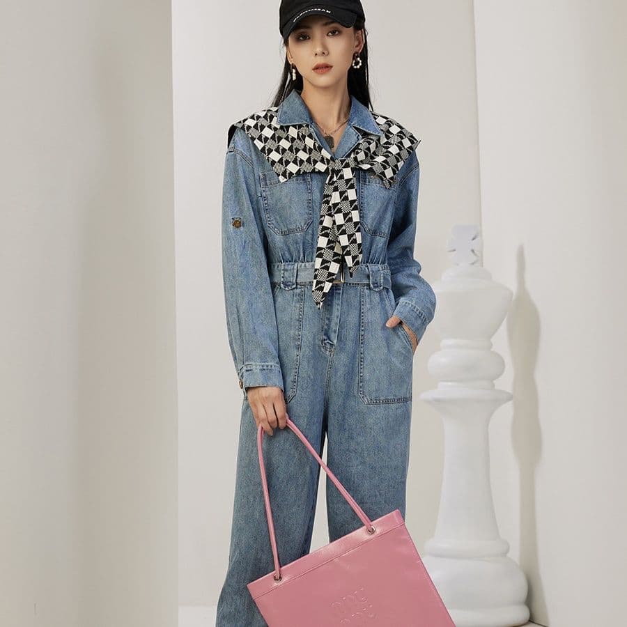 サロペットパンツ サロペット 胸元チェック柄アクセント付きデニムつなぎ