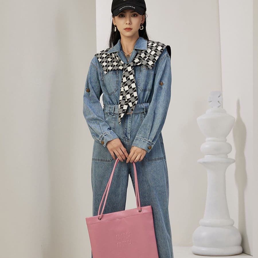 サロペットパンツ サロペット 胸元チェック柄アクセント付きデニムつなぎ