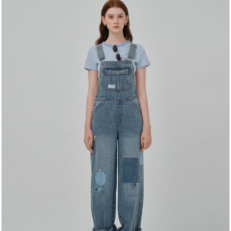 サロペットパンツ サロペット パッチワーク風リラックスデニムつなぎ