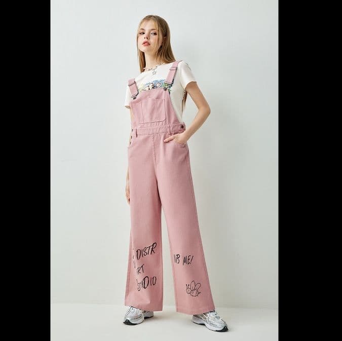 サロペット 刺繍入り裾広がりサロペット