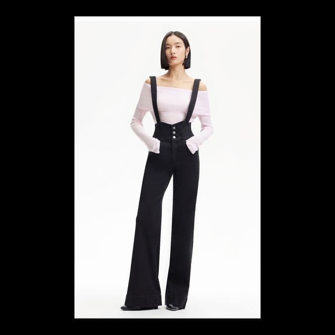 サロペット フロントボタン ワイドレッグ サロペット