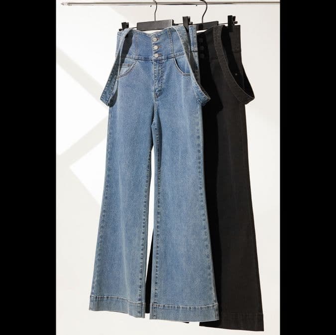 サロペット フロントボタン ワイドレッグ サロペット