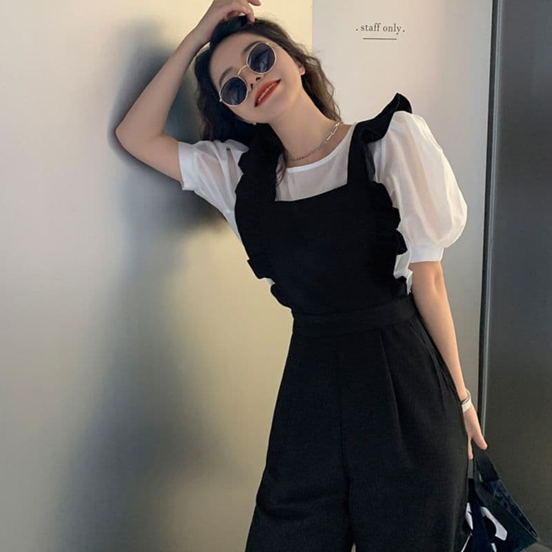 フリル肩紐付きオールインワン サロペット