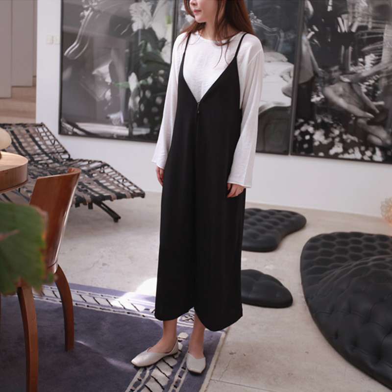 サロペット レイヤード風ゆったりワイドパンツオールインワン