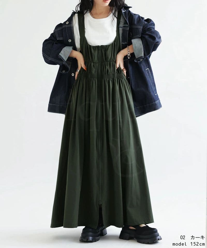 ギャザーサロペットロングワンピース