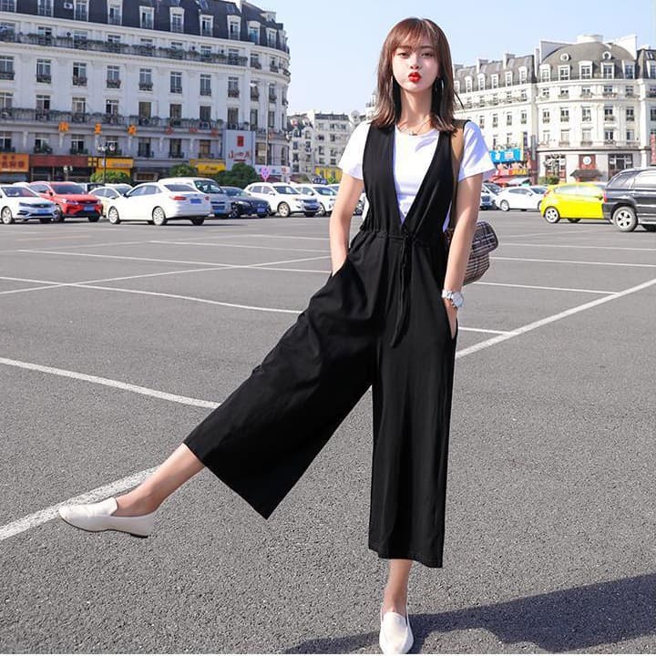 レディース サロペット セット 黒 ワイドパンツ 半袖 二点セット