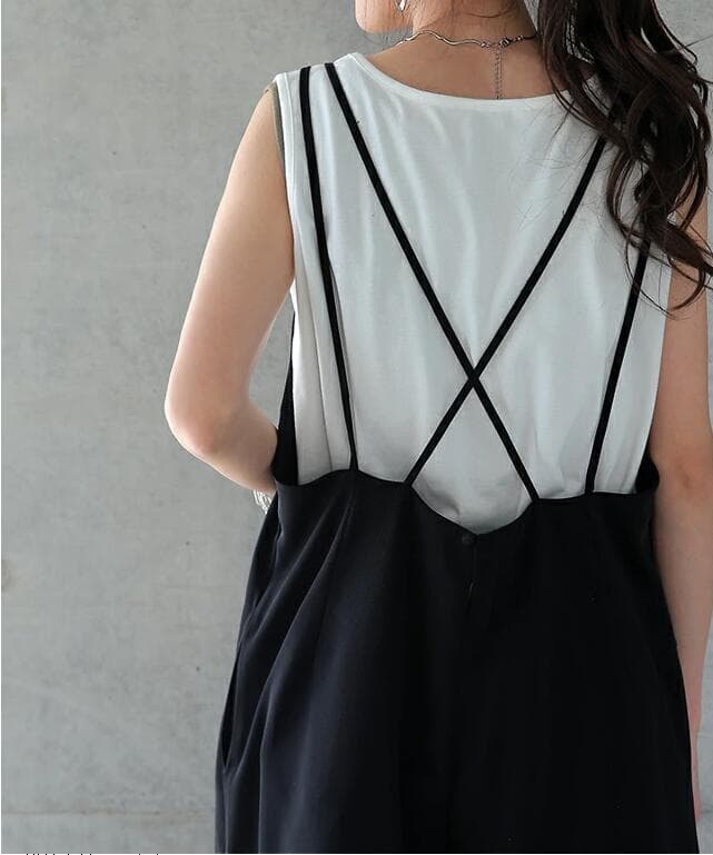 新作 サロペット  オールインワンワンピース 黒 クロスストラップ レディース おしゃれ