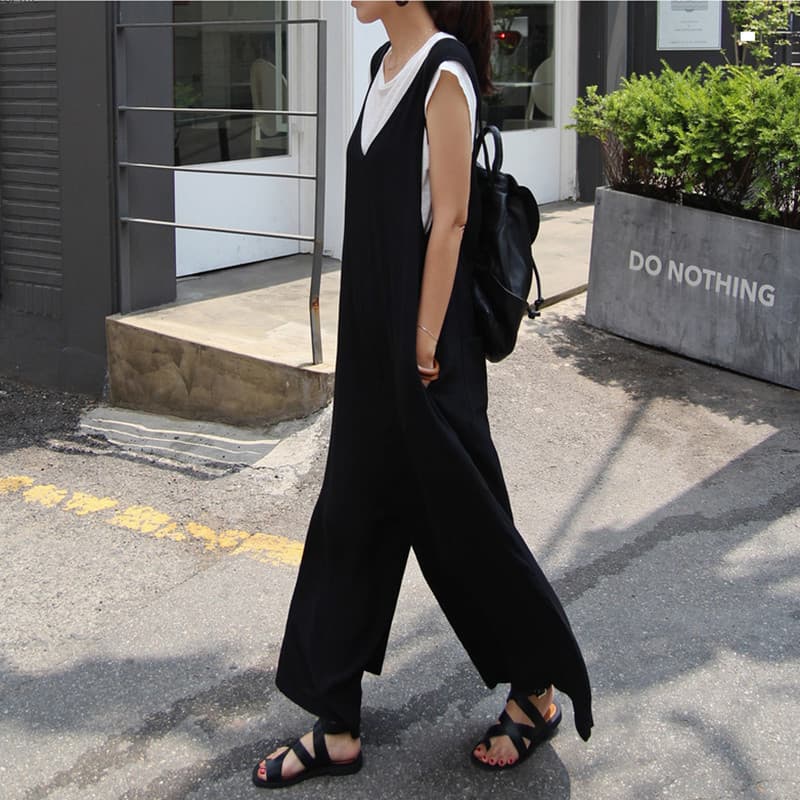 夏新作 黒サロペット ロング丈 吊りズボン レディース