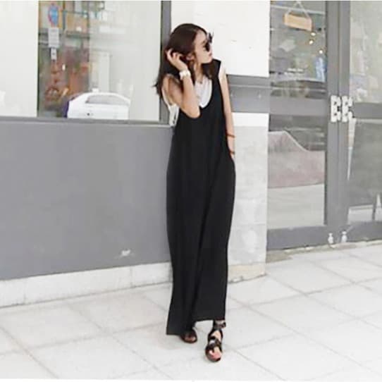 大人サロペット ワイドパンツ ノースリーブ 体型カバー オールインワン
