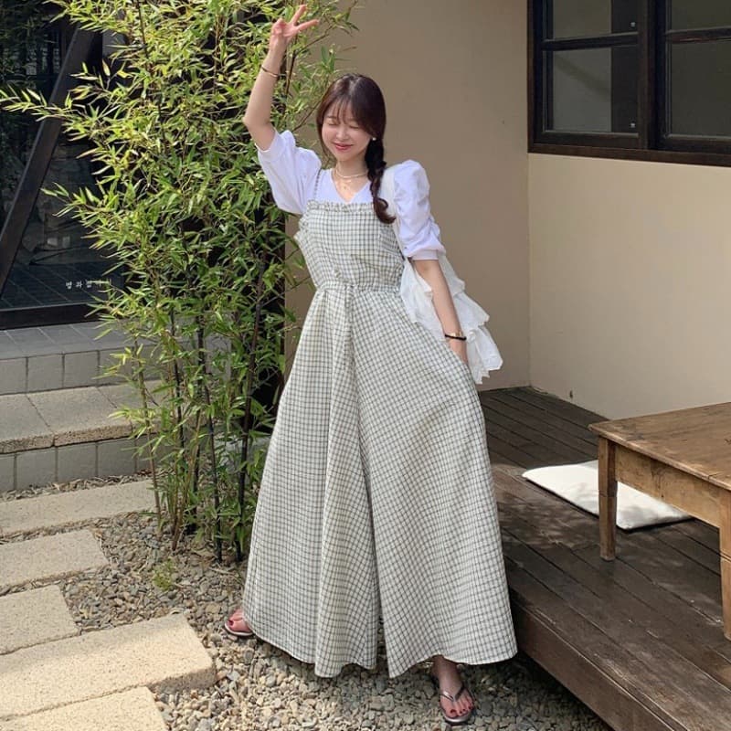 サロペット レディース チェック柄 吊りオーバーオール ワイドパンツ