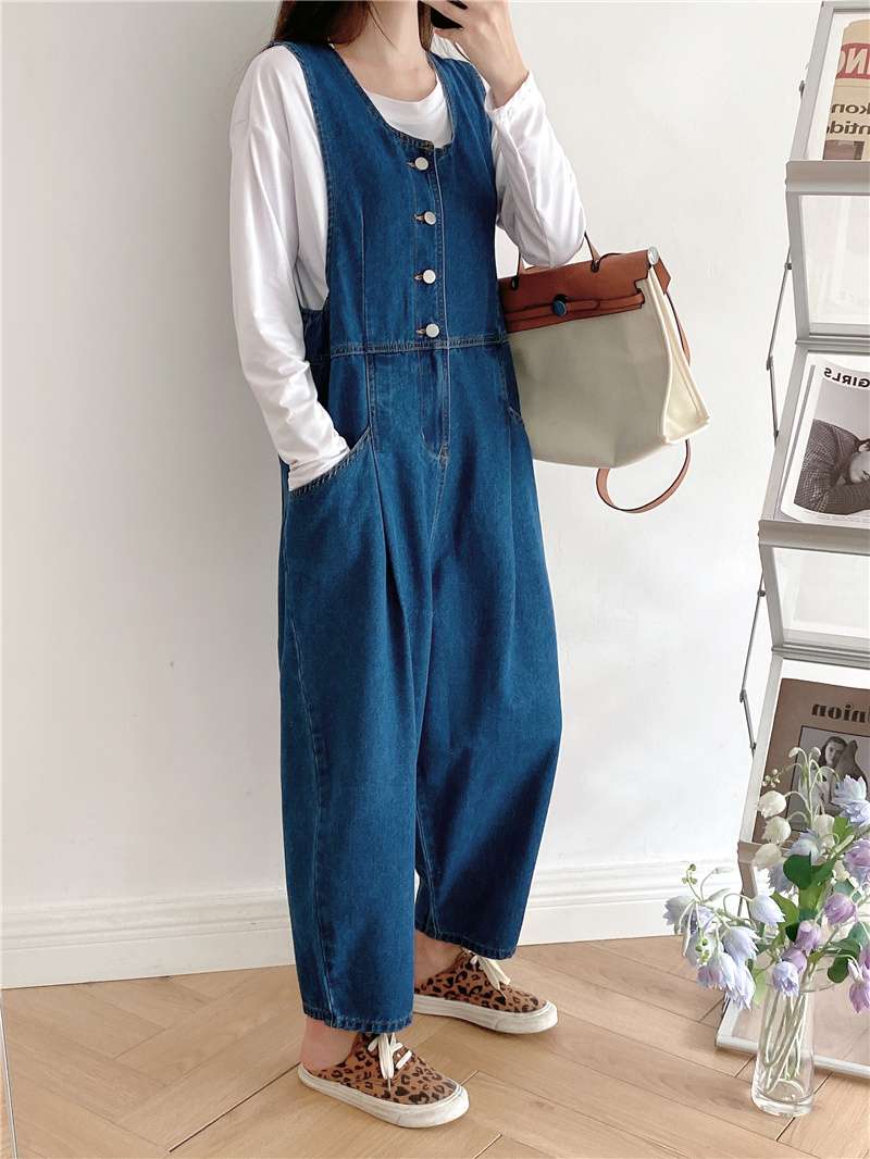 サロペット デニムオーバーオール レトロワイドパンツ
