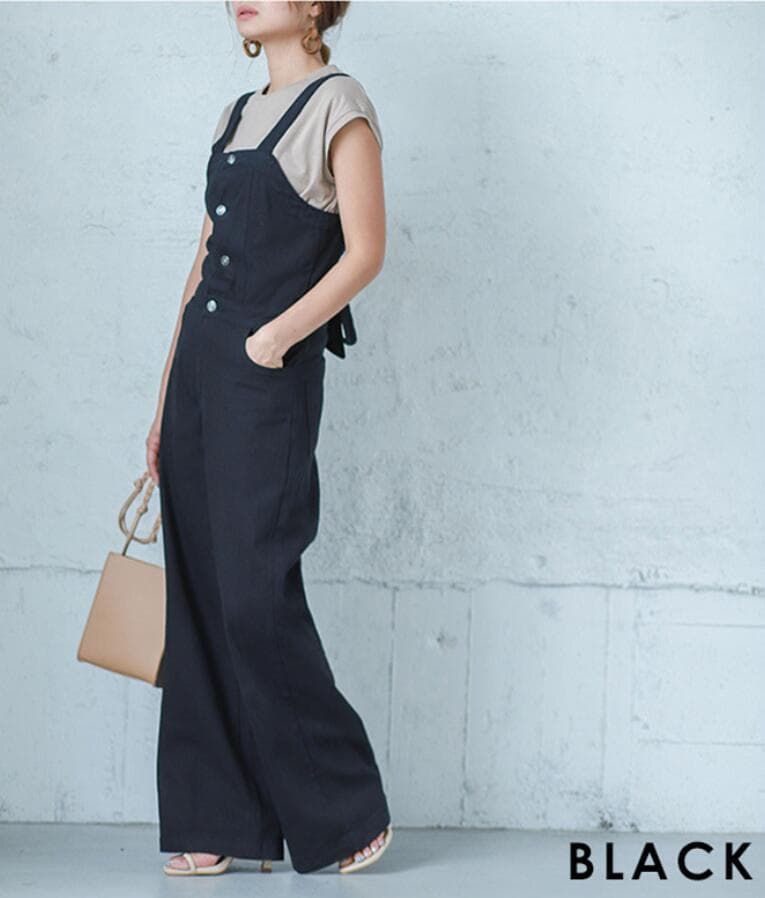 大人可愛いデニムサロペット ワイドパンツ バックリボン