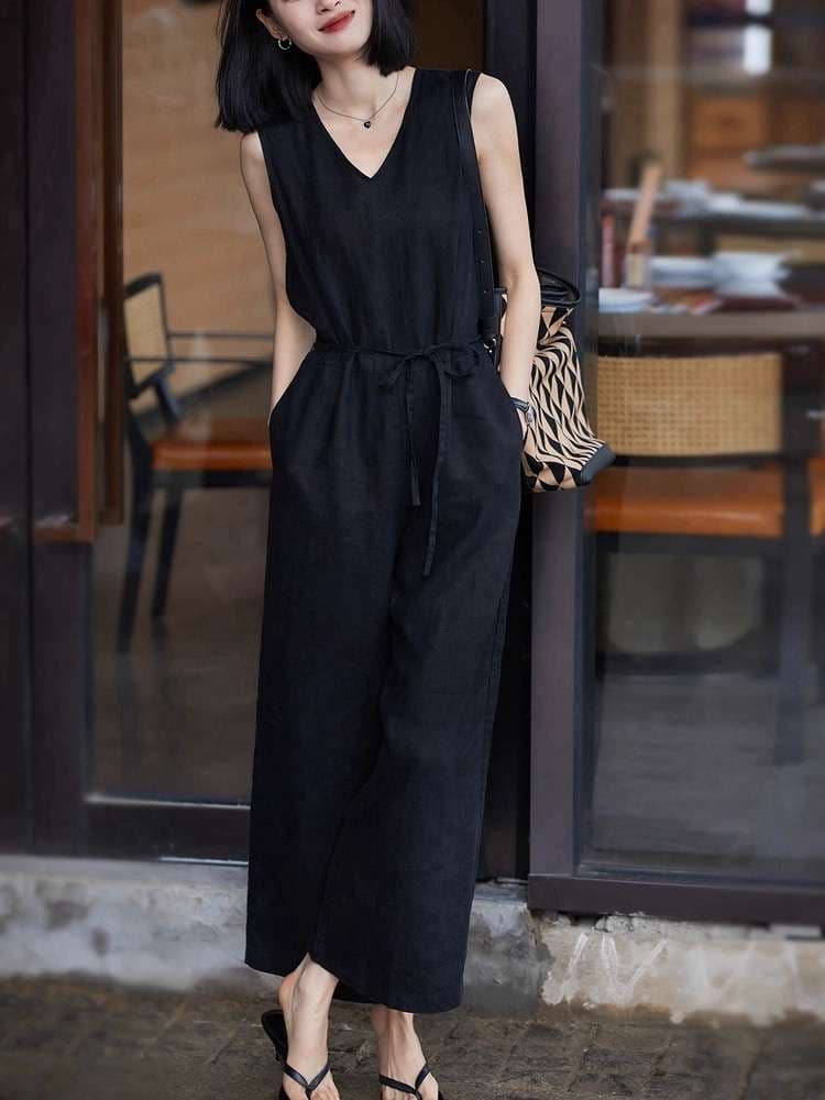 上品シンプル リネン風 ワイドレッグ サロペット