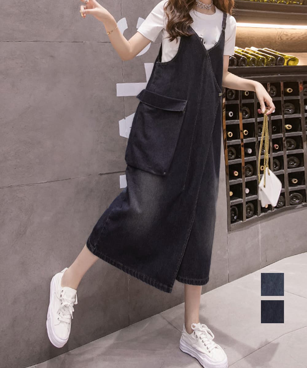 デニムサロペット ロング丈 ポケット付き ワンピース