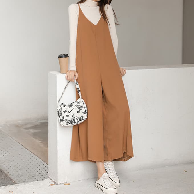 サロペット風オールインワン ワイドパンツ レディース体型カバー