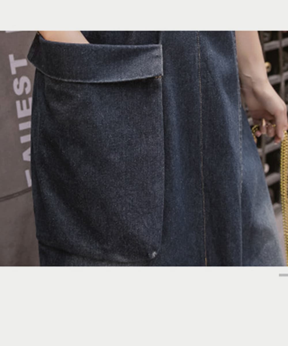 デニムサロペット ロング丈 ポケット付き ワンピース