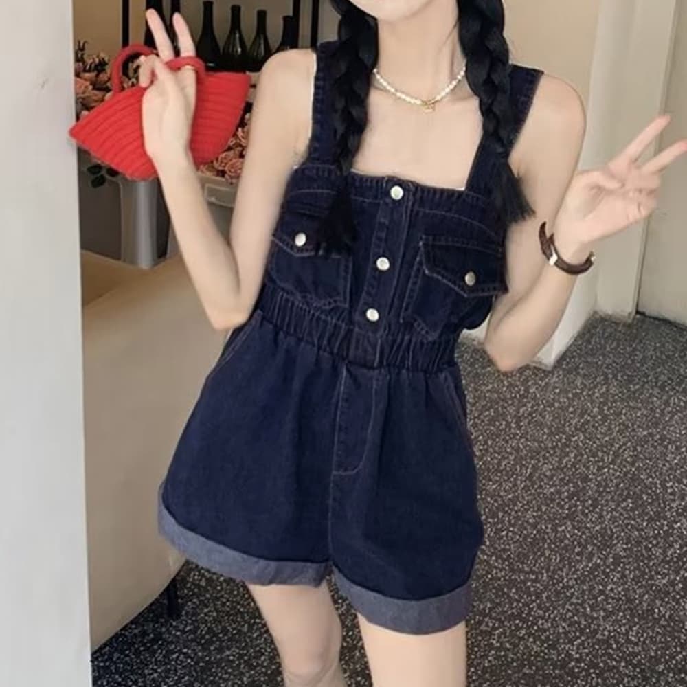 大人可愛いデニムサロペット短パン風オールインワン