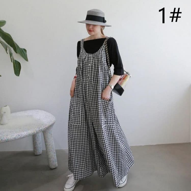 チェック柄サロペットパンツ ロング丈オールインワン