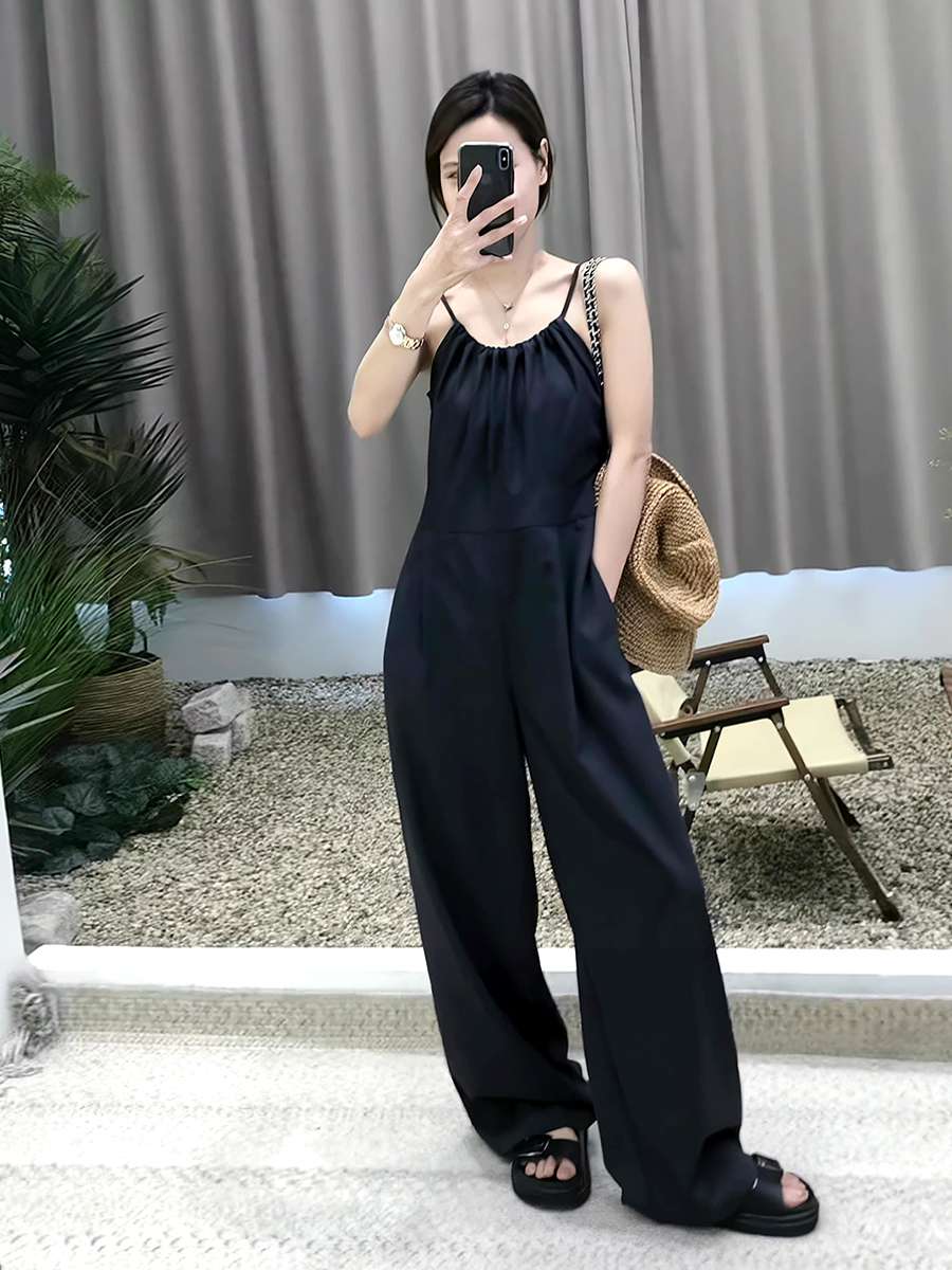 サロペット シンプル優雅なワイドパンツオールインワン