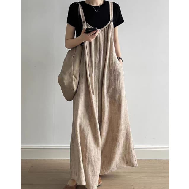 2025新作 ゆったりロングサロペット ワイドパンツ
