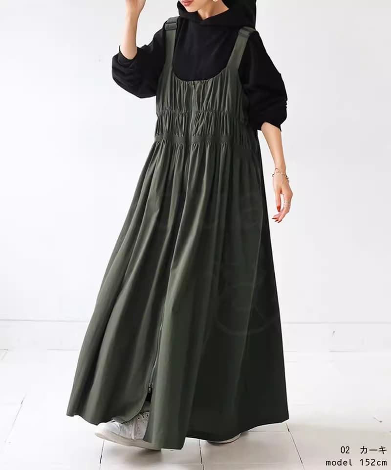 ギャザーサロペットロングワンピース