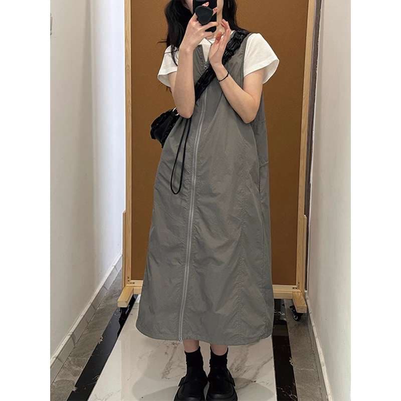 ジッパー付きゆったりサロペットワンピース
