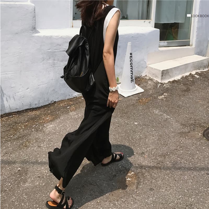 夏新作 黒サロペット ロング丈 吊りズボン レディース