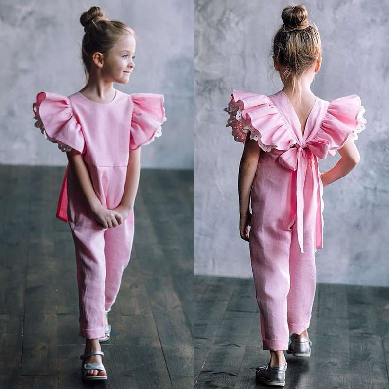 サロペット フリルスリーブ ピンクオーバーオール レトロ