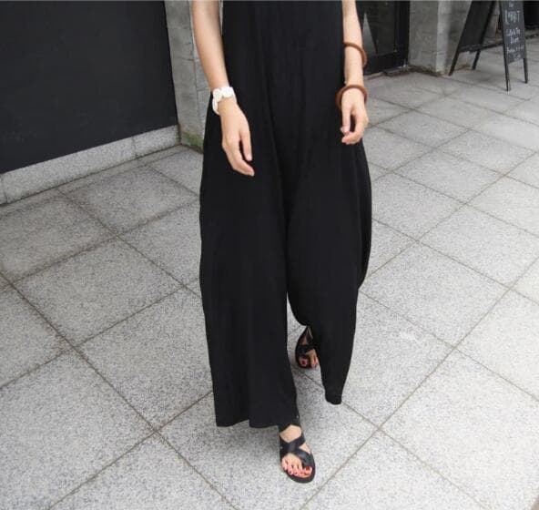 夏新作 黒サロペット ロング丈 吊りズボン レディース