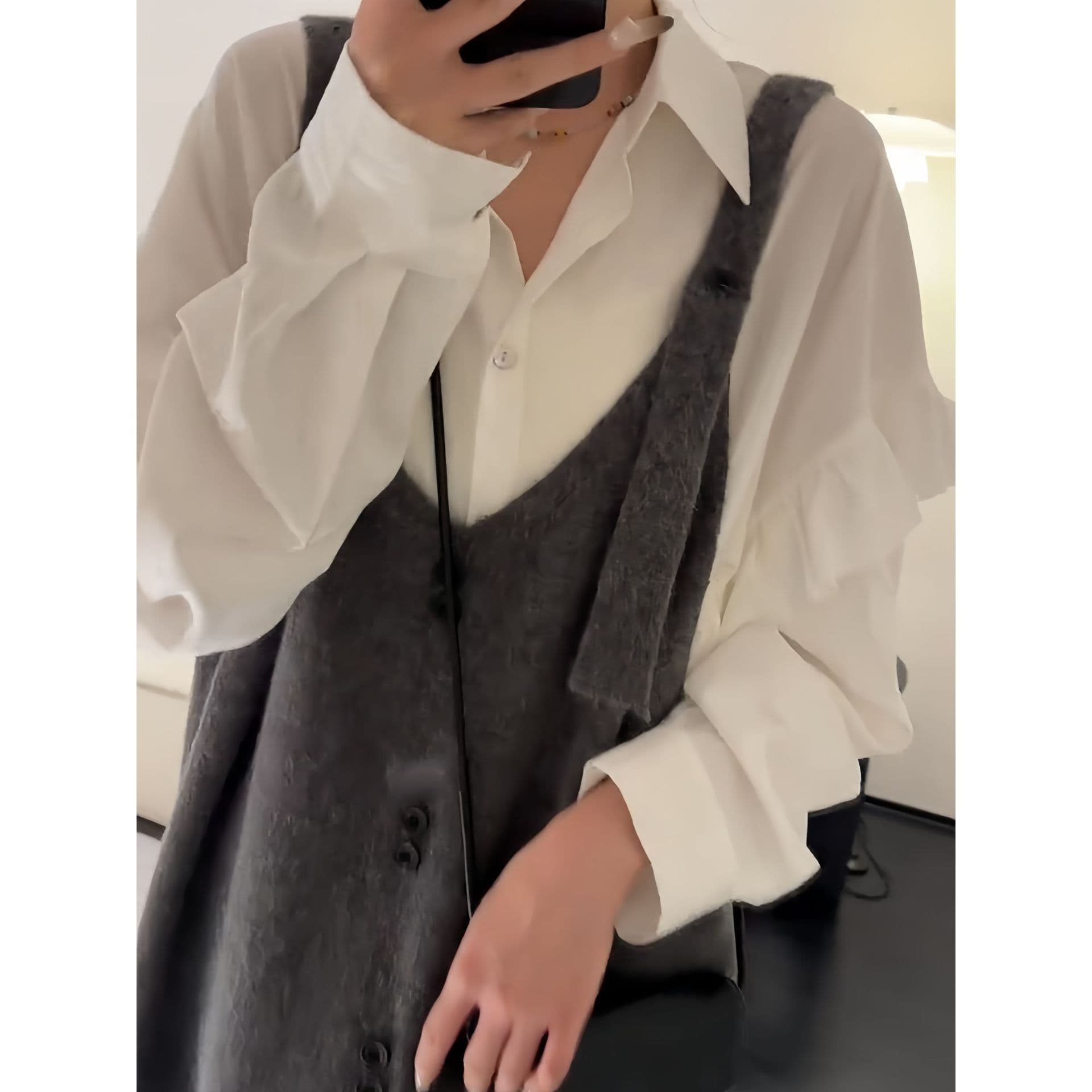 秋冬サロペットワンピース ロング丈ニット素材 グレー
