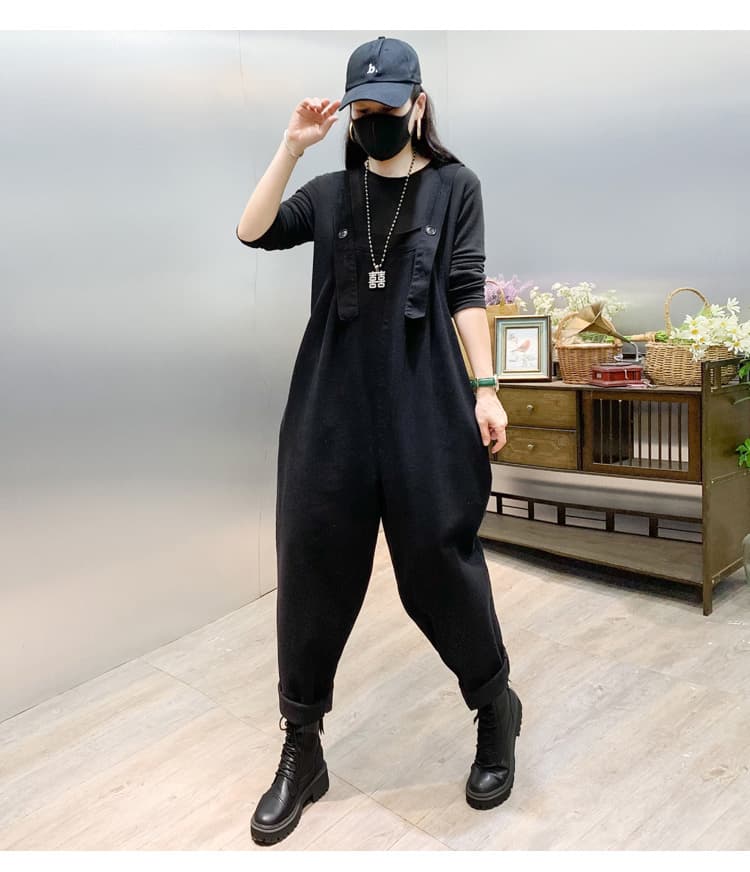 春夏サロペット ゆったり つなぎ 黒 カジュアルオールイン