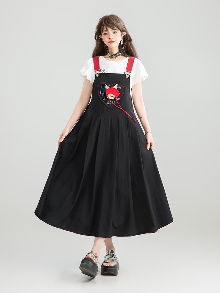 サロペット ハート刺繍フレアサロペット