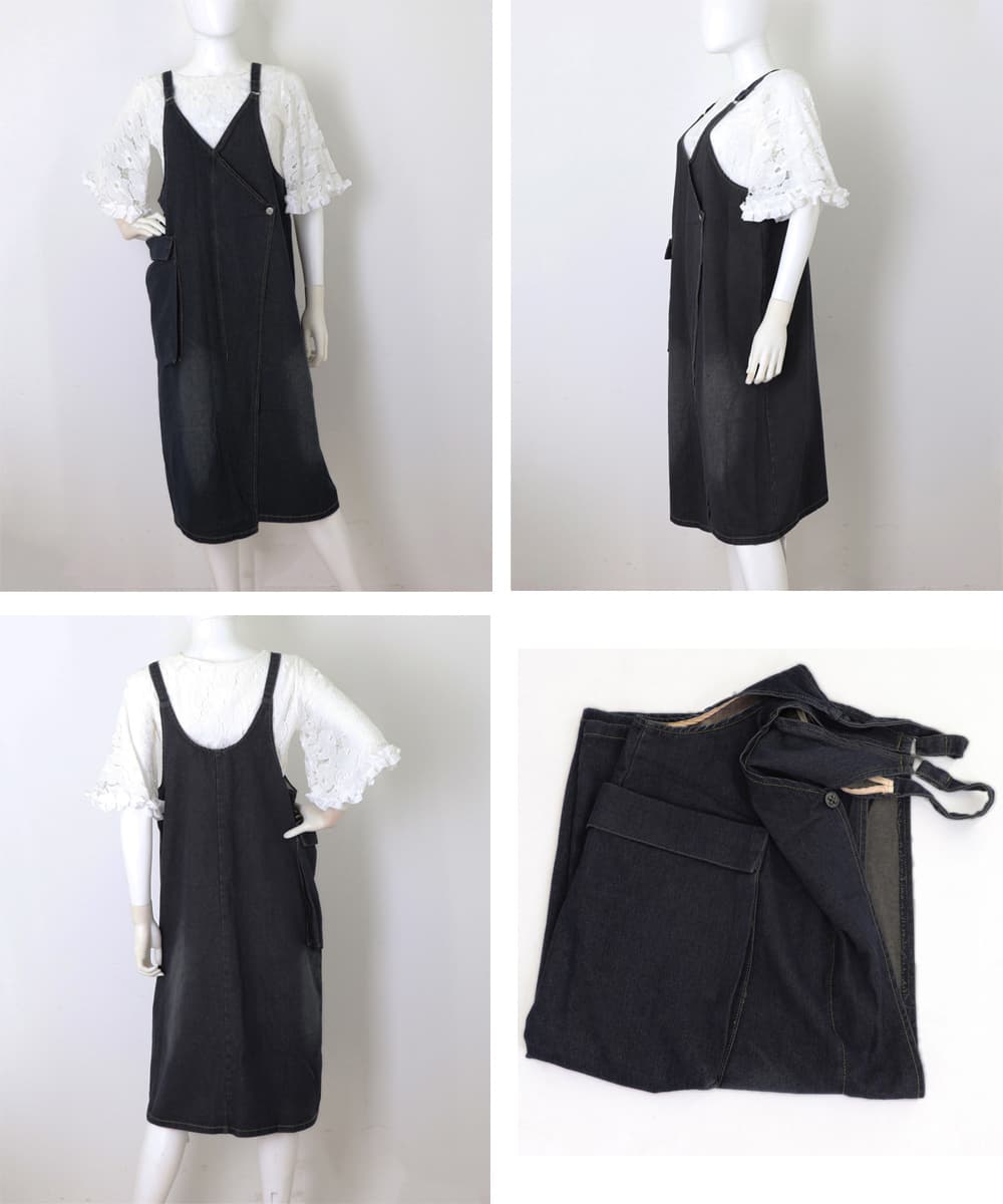 デニムサロペット ロング丈 ポケット付き ワンピース