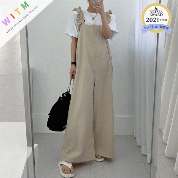 フリル付きサロペット 体型カバー 上品 レディース オールインワン