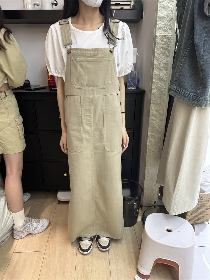マキシ丈サロペットスカート ゆったり体型カバー ロング丈ワンピース
