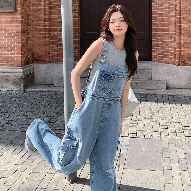 ゆったりダメージ加工サロペット