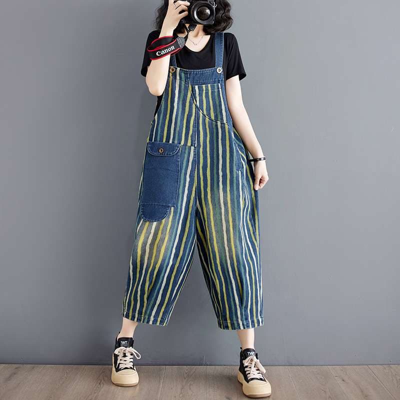 レトロストライプ柄デニムサロペット