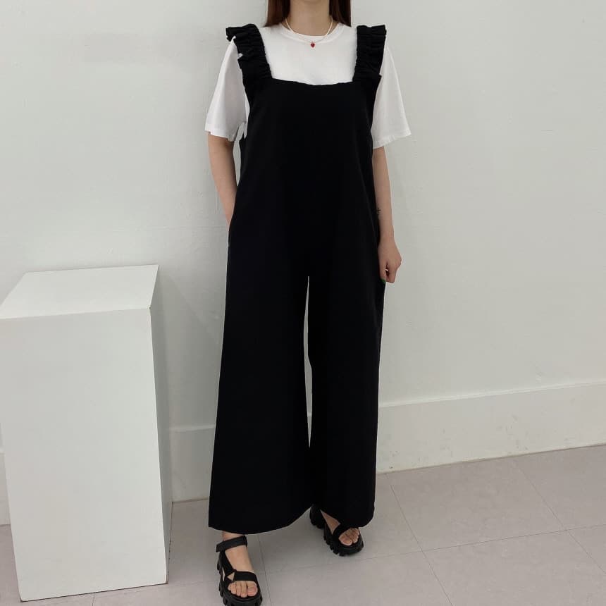 フリル付きサロペット 体型カバー 上品 レディース オールインワン