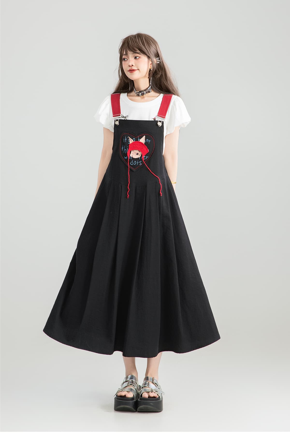 サロペット ハート刺繍フレアサロペット