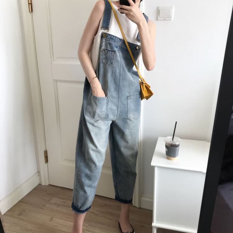 ゆったりデニムサロペット レディース 体型カバー つりズボン オーバーオール