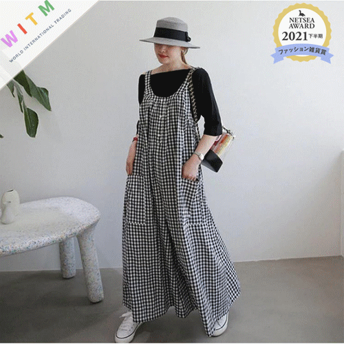 チェック柄サロペットパンツ ロング丈オールインワン