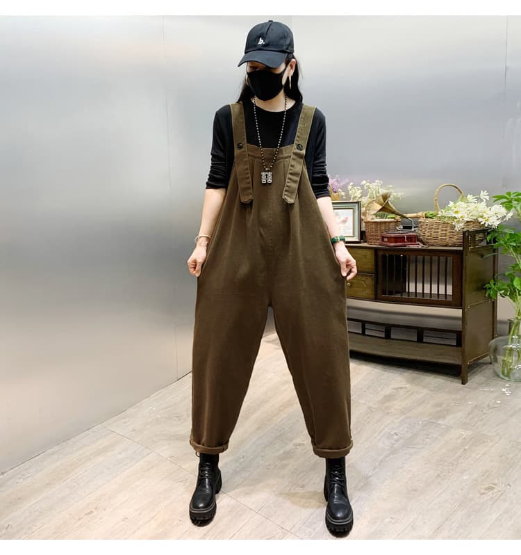 春夏サロペット ゆったり つなぎ 黒 カジュアルオールイン